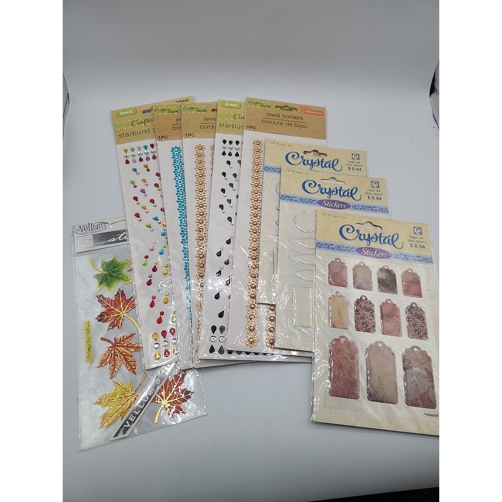 Crafters Square Jewel Stickers Crystal Epoxy Vellum Leaf Scrapbook Lot 10 Sheets